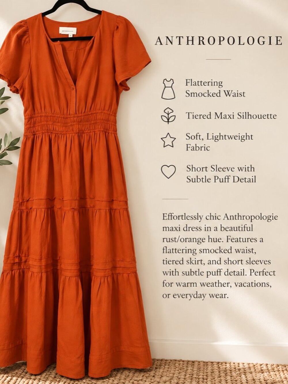 Anthropologie Rust/Orange Tiered Maxi Smoced Waist Dress - Size M